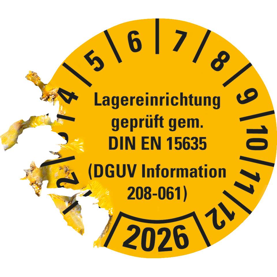 Prüfplakette Lagereinrichtung, DGUV Info.208-061, 2026, gelb, Dokumentenfolie, Ø30mm, 18/BOG