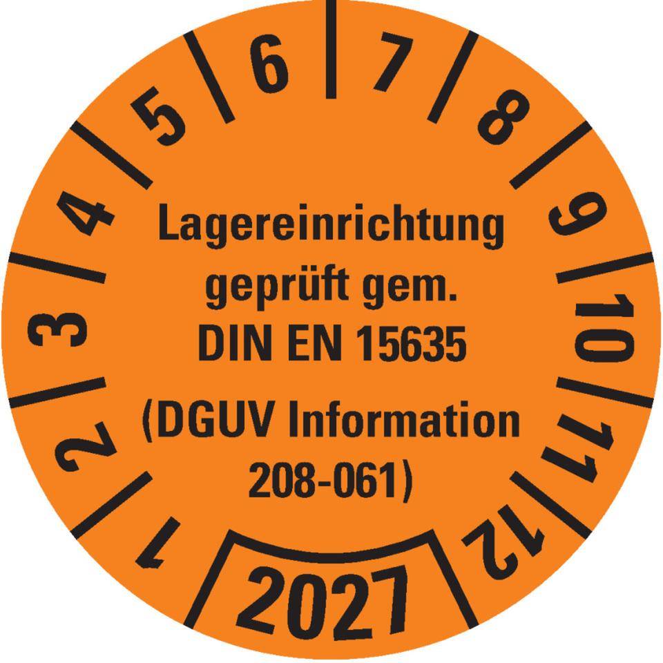 Prüfplakette Lagereinrichtung, DGUV Info208-061, 2027, orange, Dokumentenfolie, Ø30mm, 18/BO