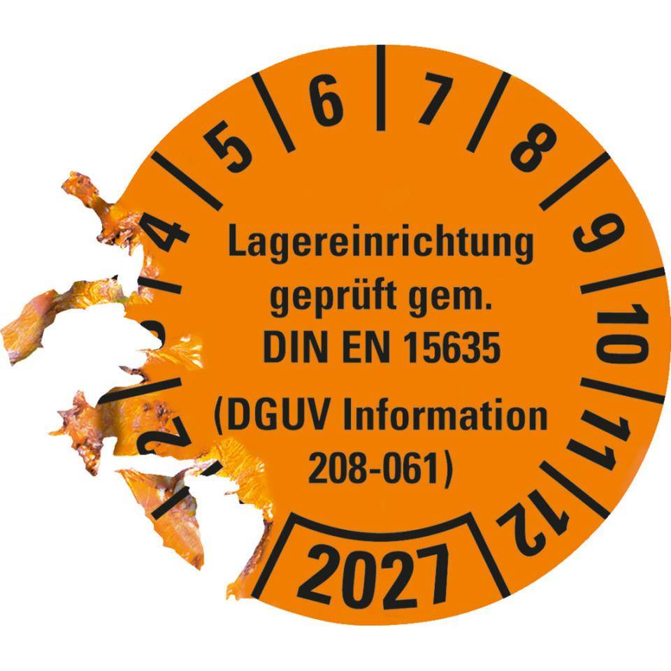 Prüfplakette Lagereinrichtung, DGUV Info208-061, 2027, orange, Dokumentenfolie, Ø30mm, 18/BO