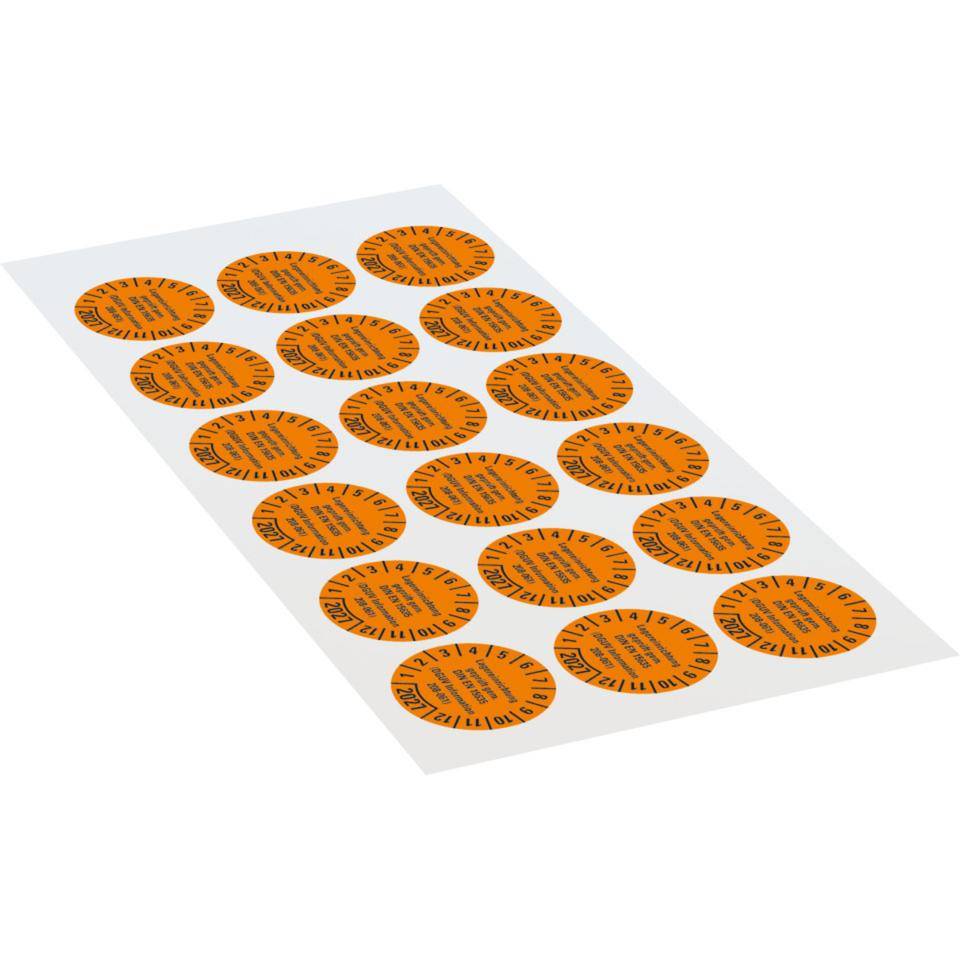 Prüfplakette Lagereinrichtung, DGUV Info208-061, 2027, orange, Dokumentenfolie, Ø30mm, 18/BO