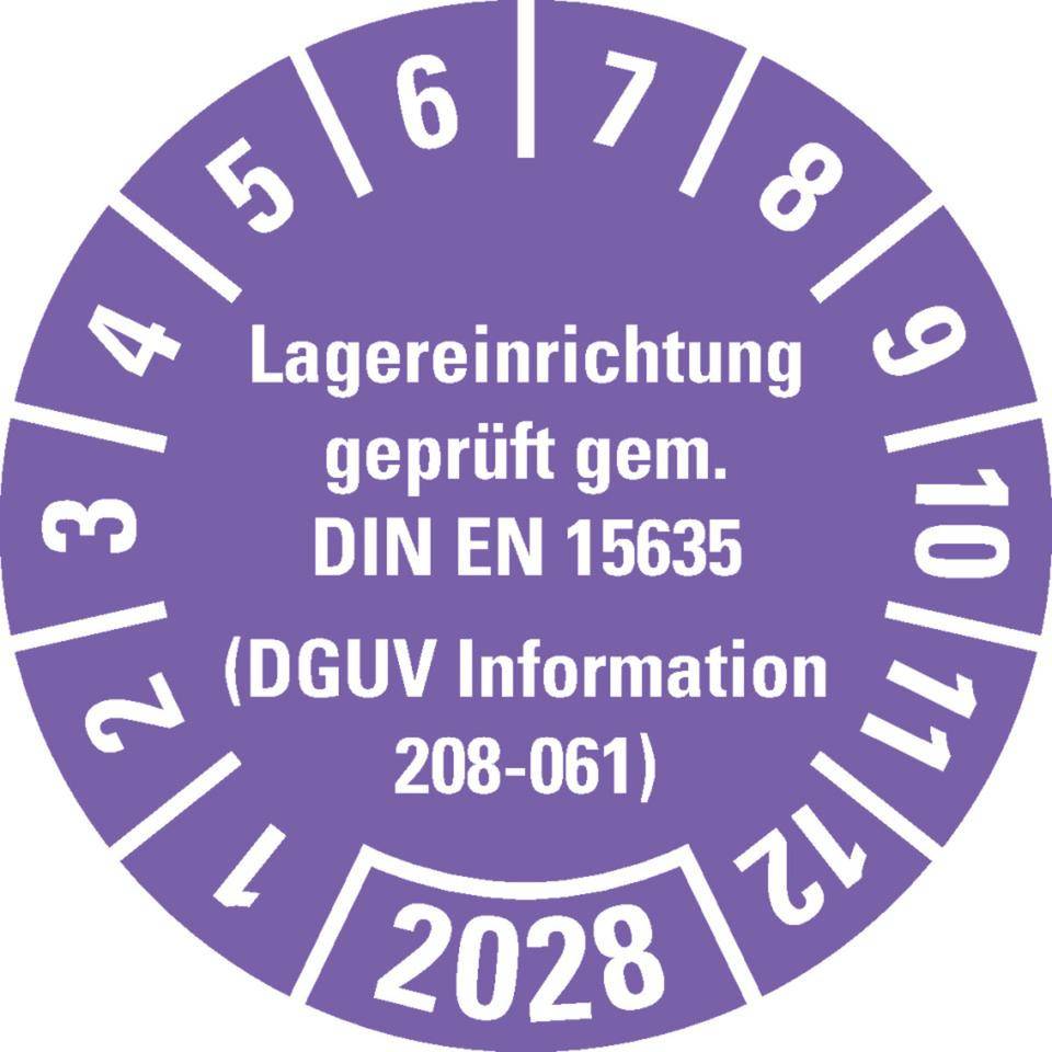 Prüfplakette Lagereinrichtung, DGUV Info208-061, 2028, violett, Dokumentenfolie, Ø30mm, 18/B