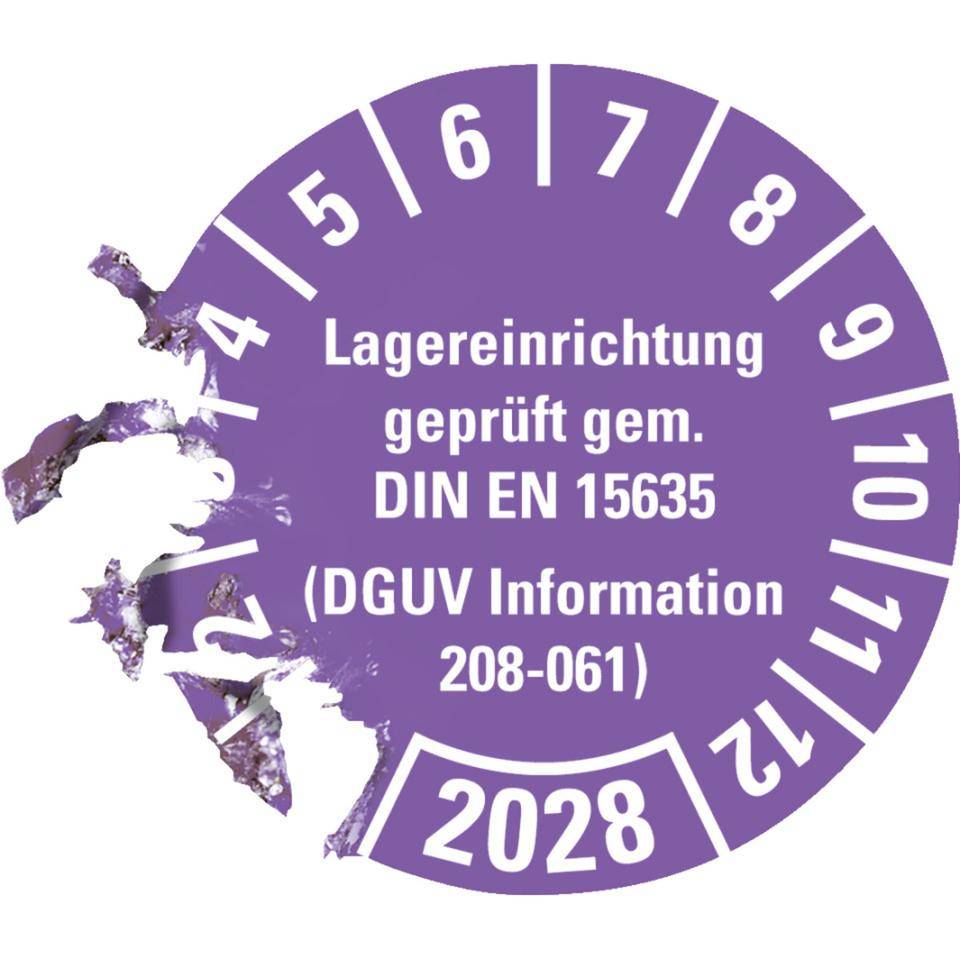 Prüfplakette Lagereinrichtung, DGUV Info208-061, 2028, violett, Dokumentenfolie, Ø30mm, 18/B