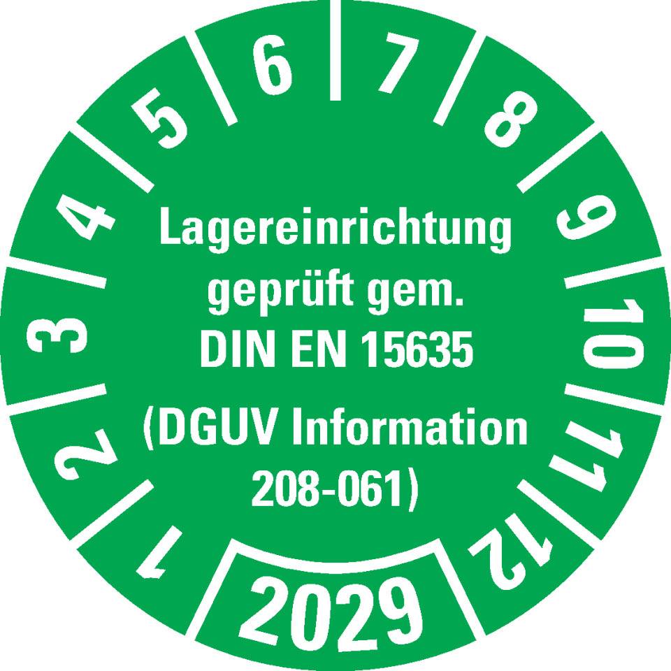 Prüfplakette Lagereinrichtung, DGUV Info.208-061, 2029, grün, Dokumentenfolie, Ø30mm, 18/BOG