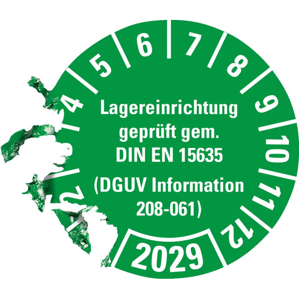 Prüfplakette Lagereinrichtung, DGUV Info.208-061, 2029, grün, Dokumentenfolie, Ø30mm, 18/BOG