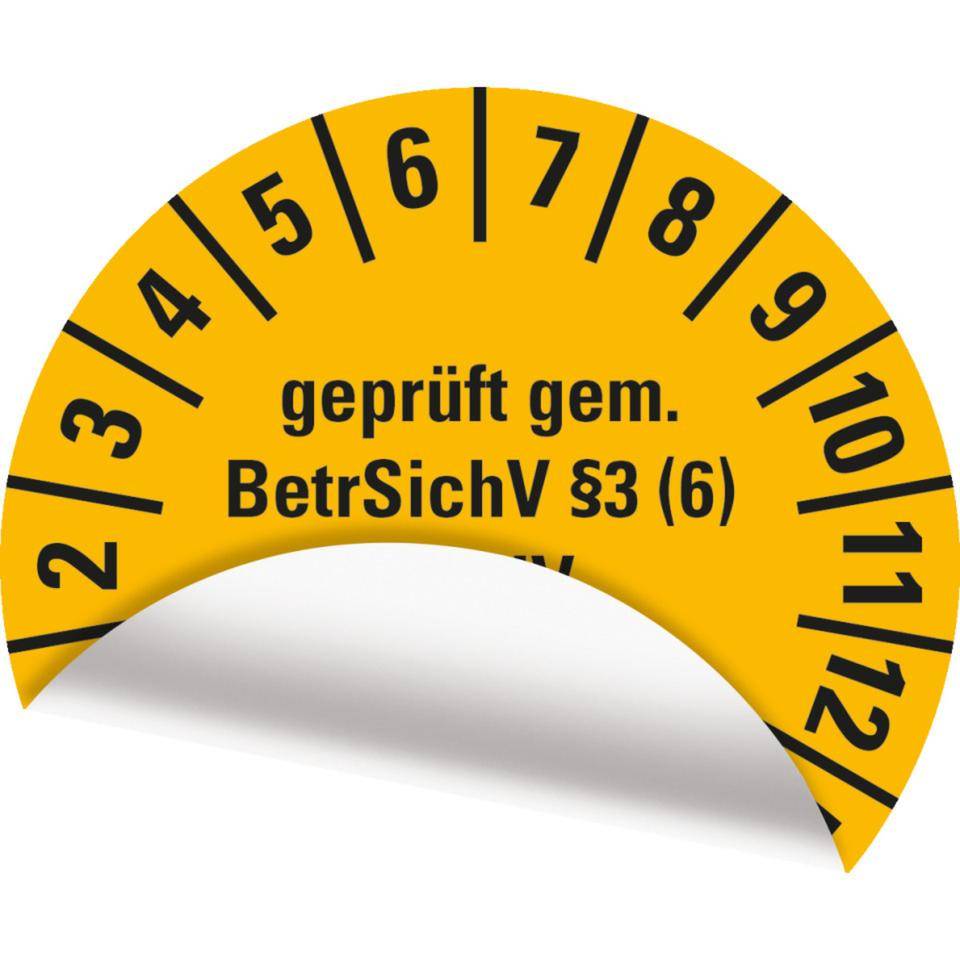 Prüfplakette geprüft gemäß BetrSichV §3(6), DGUV, 26-31, gelb, Folie, Ø30mm, 18/Bogen