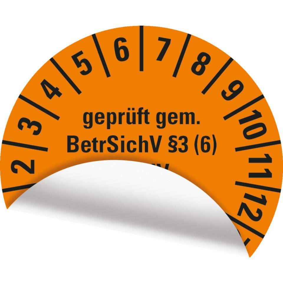 Prüfplakette geprüft gemäß BetrSichV §3(6), DGUV, 27-32, orange,Folie, Ø30mm, 18/Bogen