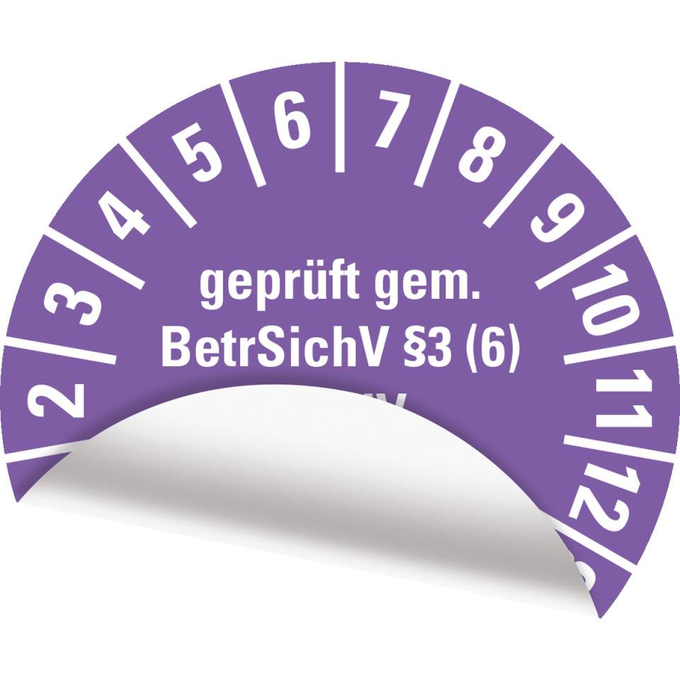 Prüfplakette geprüft gemäß BetrSichV §3(6), DGUV, 28-33, violett, Folie, Ø30mm, 18/Bogen