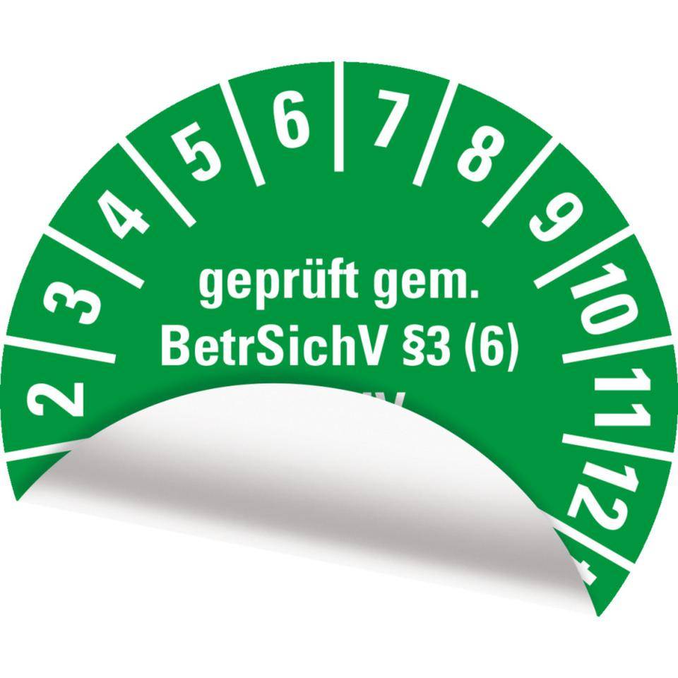 Prüfplakette geprüft gemäß BetrSichV §3(6), DGUV, 29-34, grün, Folie, Ø30mm, 18/Bogen