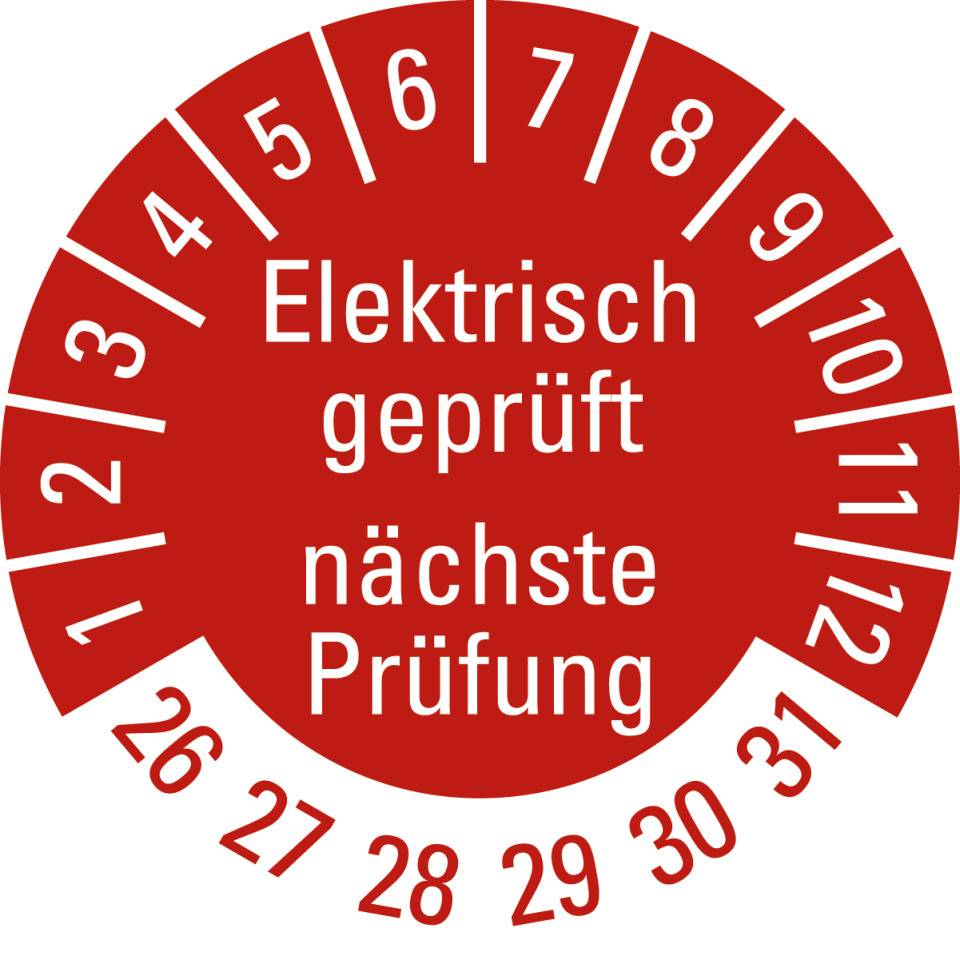 Prüfplakette Elektrisch geprüft Nächster Prüftermin, 26-31, rot, Folie, ablösbar, Ø 20mm, 500/Rolle