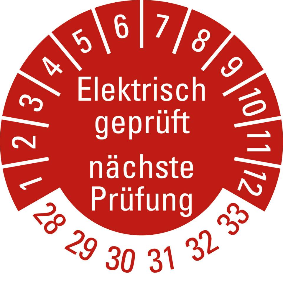 Prüfplakette Elektrisch geprüft Nächster Prüftermin, 28-33, rot, Folie, ablösbar, Ø 20mm, 500/Rolle