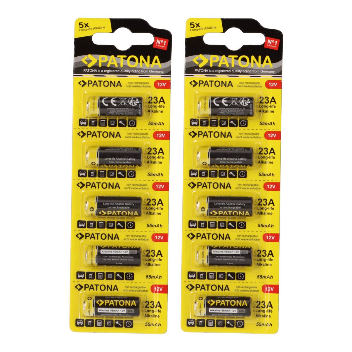 PATONA 10x (2x5 Stück) 12V 23A 23GA MN21 Spezialbatterie für Garagentoröffner, Fernbedienungen, Alarmsysteme, Bluetooth-Headset etc. kompatibel mit