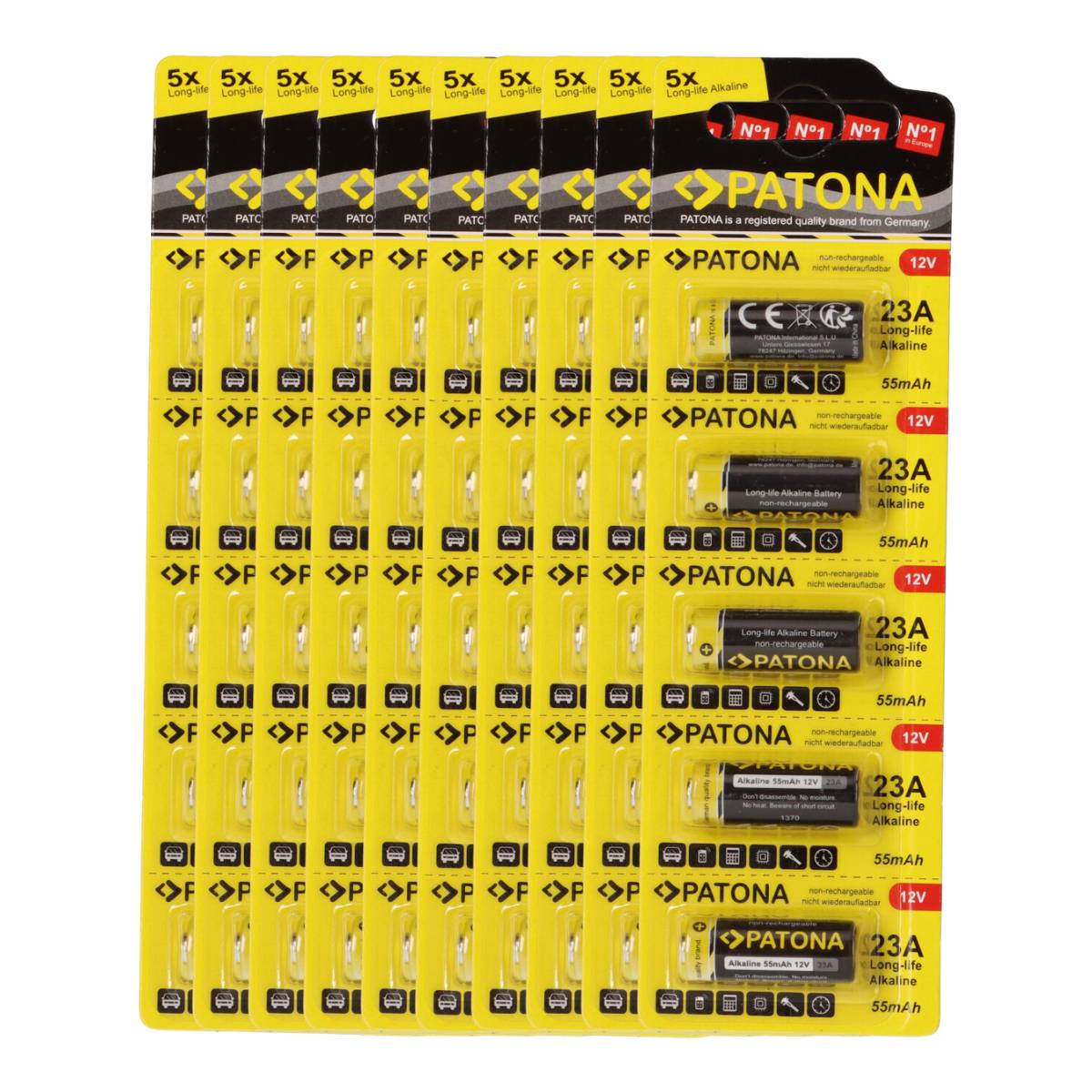 PATONA 50x (10x5 Stück) 12V 23A 23GA MN21 Spezialbatterie für Garagentoröffner, Fernbedienungen, Alarmsysteme, Bluetooth-Headset etc. kompatibel mi
