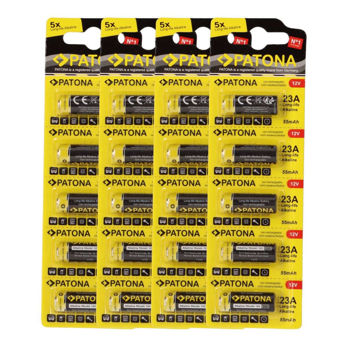 PATONA 20x (4x5 Stück) 12V 23A 23GA MN21 Spezialbatterie für Garagentoröffner, Fernbedienungen, Alarmsysteme, Bluetooth-Headset etc. kompatibel mit