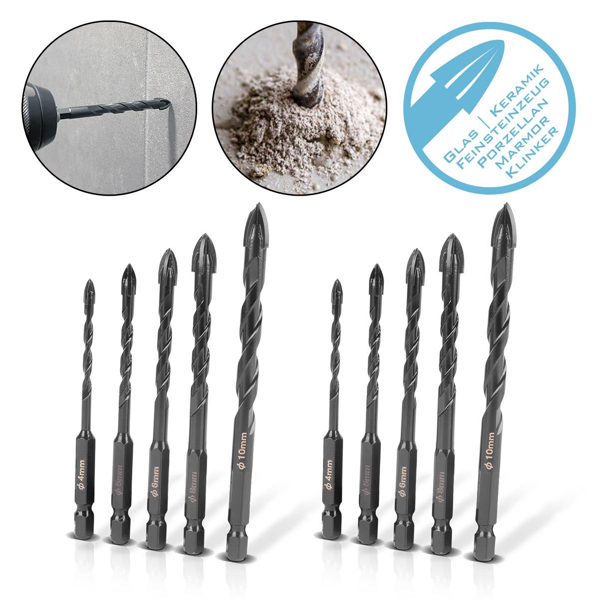 STAHLWERK Glasbohrer | Fliesenbohrer | Keramikbohrer 10er Set 4, 5, 6, 8, 10 mm