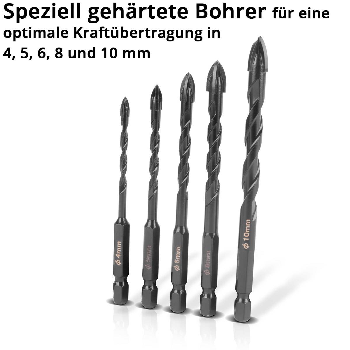 STAHLWERK Glasbohrer | Fliesenbohrer | Keramikbohrer 10er Set 4, 5, 6, 8, 10 mm