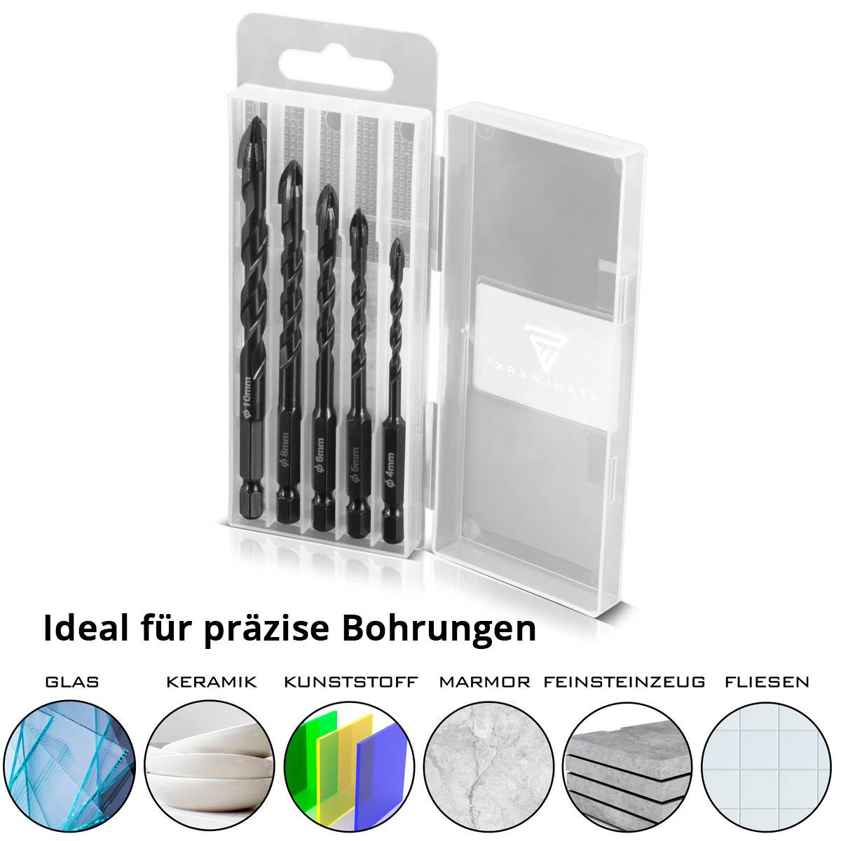 STAHLWERK Glasbohrer | Fliesenbohrer | Keramikbohrer 10er Set 4, 5, 6, 8, 10 mm