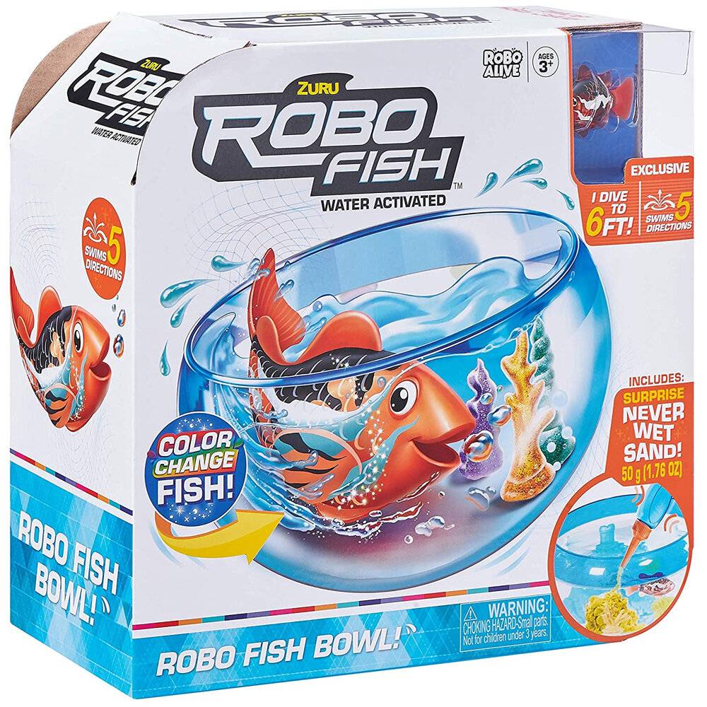 Schachtel von 'Robo Fisch Schüssel' Spielzeug mit einem wasseraktivierten Fisch, der die Farbe wechselt, enthält überraschenden Sand. Für Kinder ab 3 Jahren, schwimmt in 5 Richtungen.