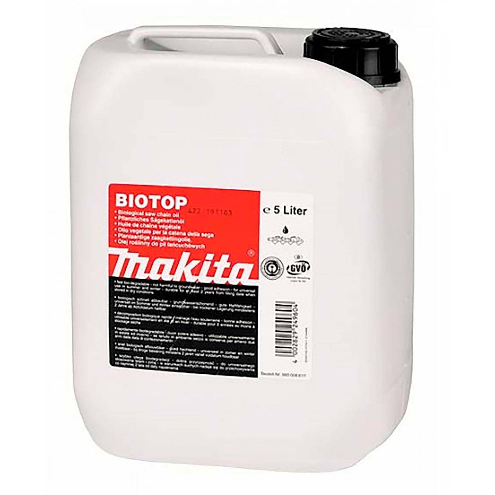 Ein 5-Liter-Behälter mit Makita Biotop biologisch abbaubarem Kettenöl. Weißer Kanister mit rotem und schwarzem Etikett und schwarzem Deckel.