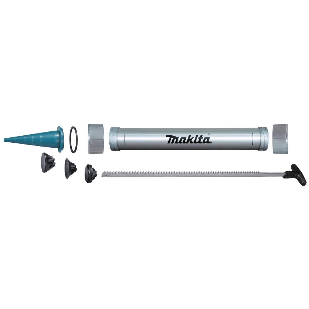 Zerlegte Makita-Fettpresse mit blauer Konusdüse, Fettpatronen-Röhrchen, Kappe, langer Stange und kleinen Adapterstücken auf weißem Hintergrund.