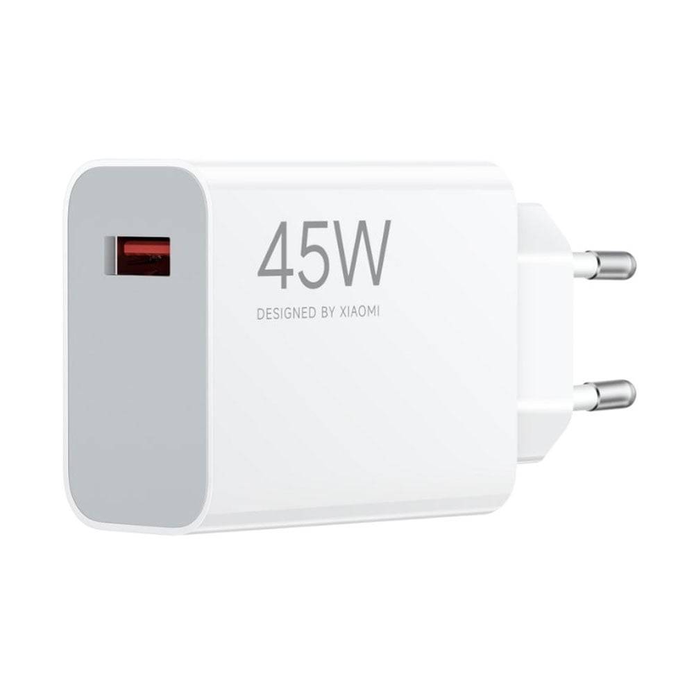 Weißes 45W USB-Wandladegerät mit zwei europäischen Steckerstiften, entworfen von Xiaomi.
