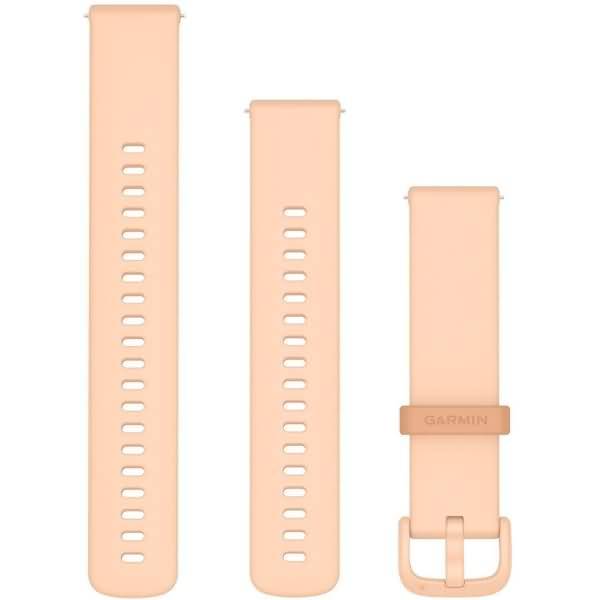 Drei zartrosa Garmin-Uhrenarmbänder nebeneinander angeordnet, bestehend aus zwei langen perforierten Riemen und einem Riemen mit angebrachter Schnalle.