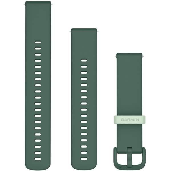 Drei grüne Garmin-Uhrenarmbänder nebeneinander gezeigt, einschließlich zwei gelochter Bänder und eines Armbands mit einer Schnalle.