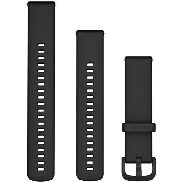 Schwarzes Garmin-Uhrenarmband in drei Ansichten: zwei lange perforierte Bandabschnitte und ein Armband mit Schnalle und Schlaufe.
