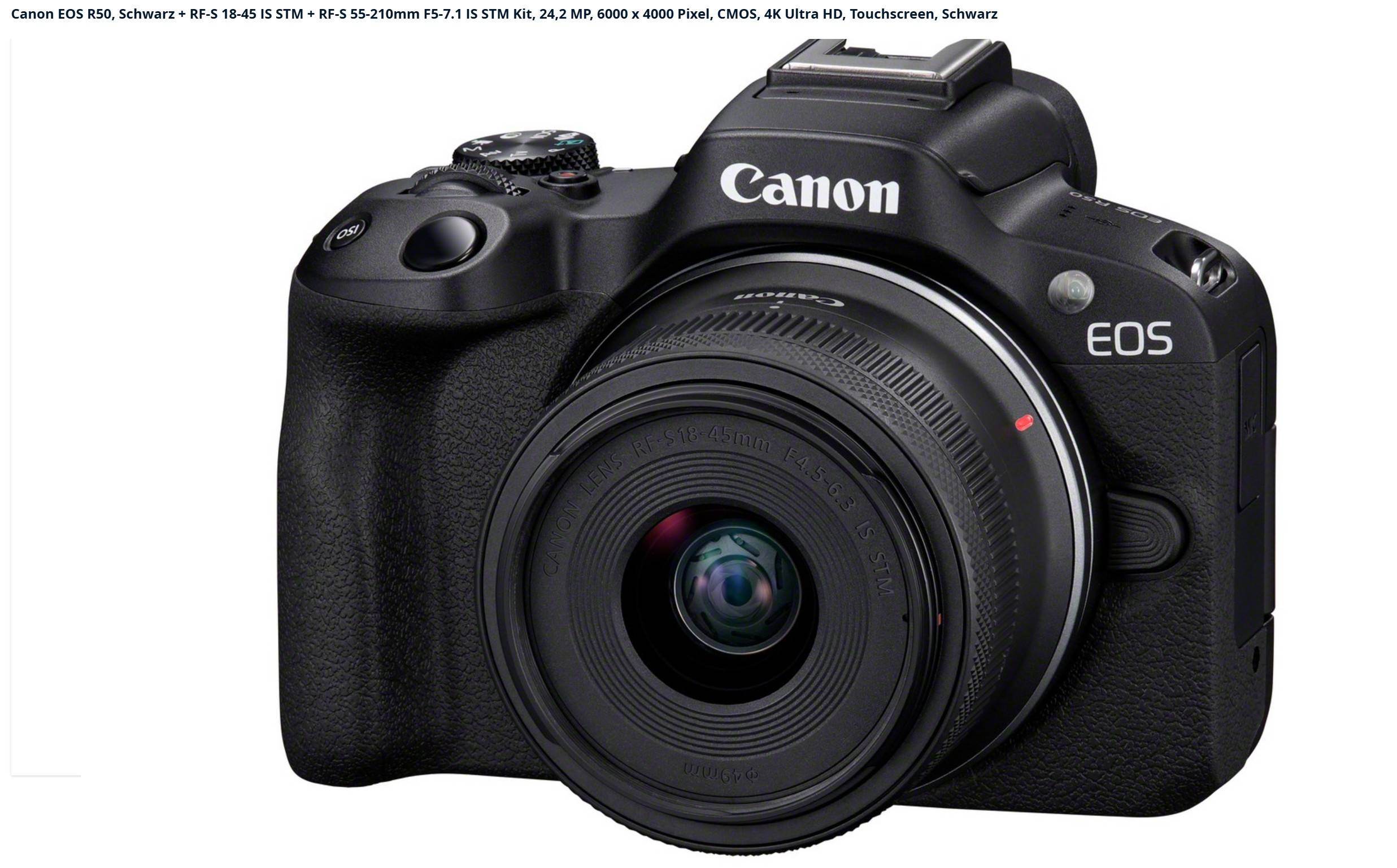 Schwarze Canon EOS R50 Spiegellose Kamera mit angebrachtem Objektiv, Vorderansicht auf weißem Hintergrund.