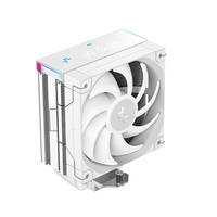 Weißer Computer-Kühlventilator oder Kühler mit seitlich montiertem Lüfter, dargestellt in einer 3D-Produktansicht auf weißem Hintergrund.