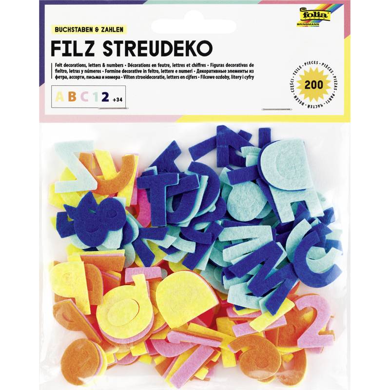 Packung mit mehrfarbigen Filzbuchstaben und -zahlen, beschriftet mit 'Filz Streudeko'. Enthält 200 Stück für dekorative Bastelaktivitäten.