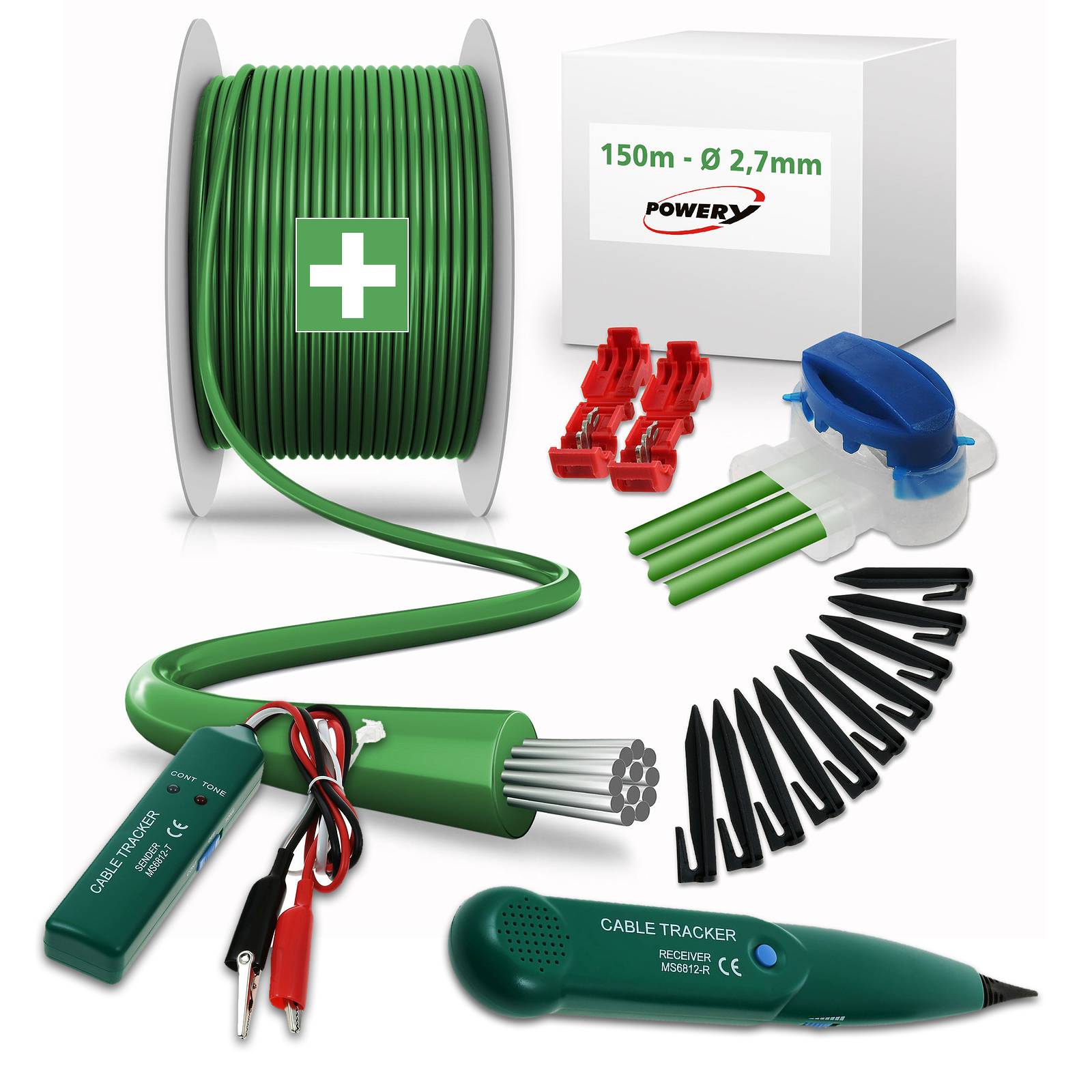 Powery Begrenzungskabel-Reparaturset 150m 2,7mm - mit Kabelbruch-Tracker 200 Haken 10 Verbindern 4 Klemmen