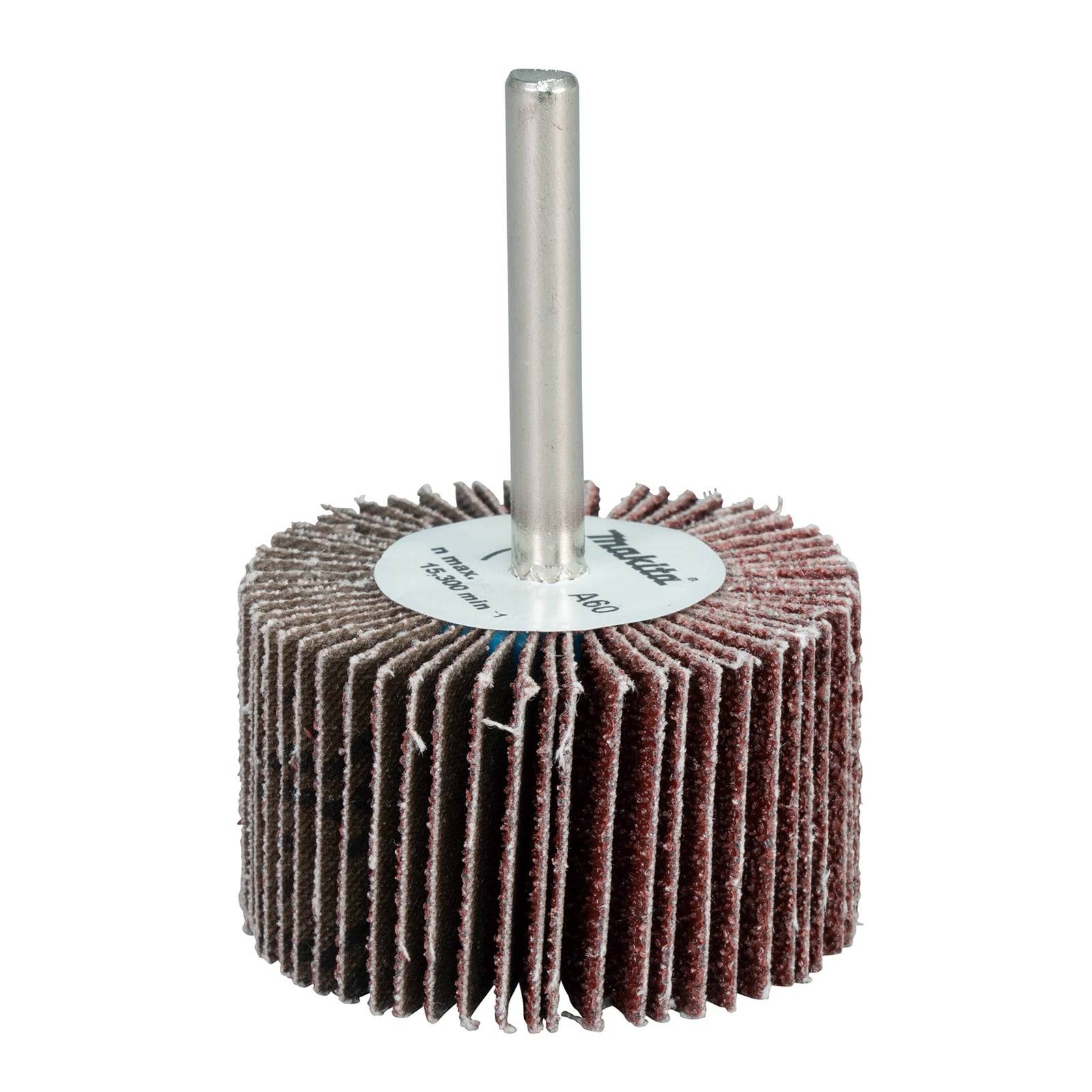 Lamellenschleifscheibe mit radialen Schichten, Metallschaft zum Anbringen an Maschinen, verwendet für Oberflächenbearbeitung und Glättung in Werkstätten.