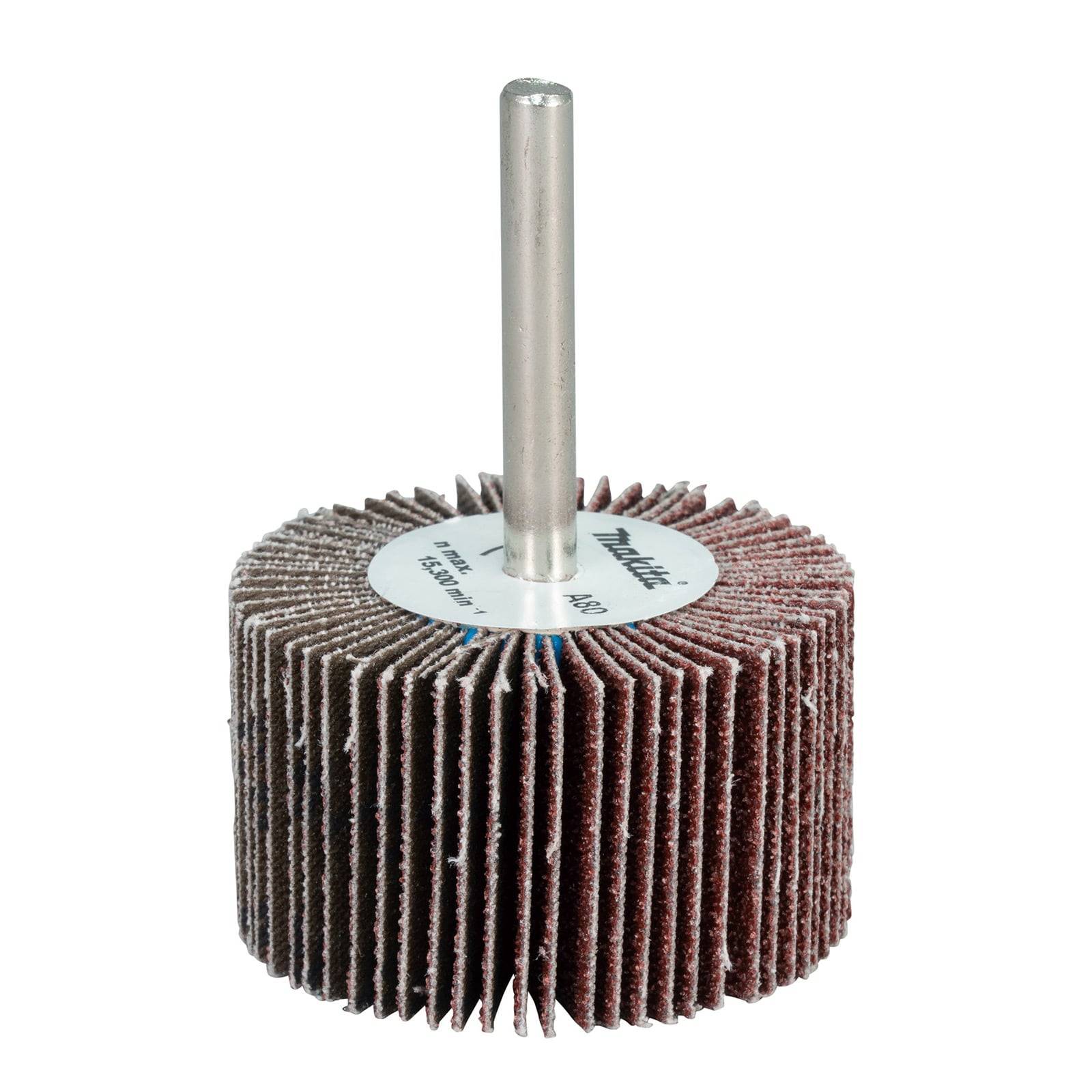 Ein zylindrischer Schleiflamellenfächer mit Schleifstreifen zum Glätten und Bearbeiten von Oberflächen, ausgestattet mit einer zentralen Metallstange zur Befestigung.