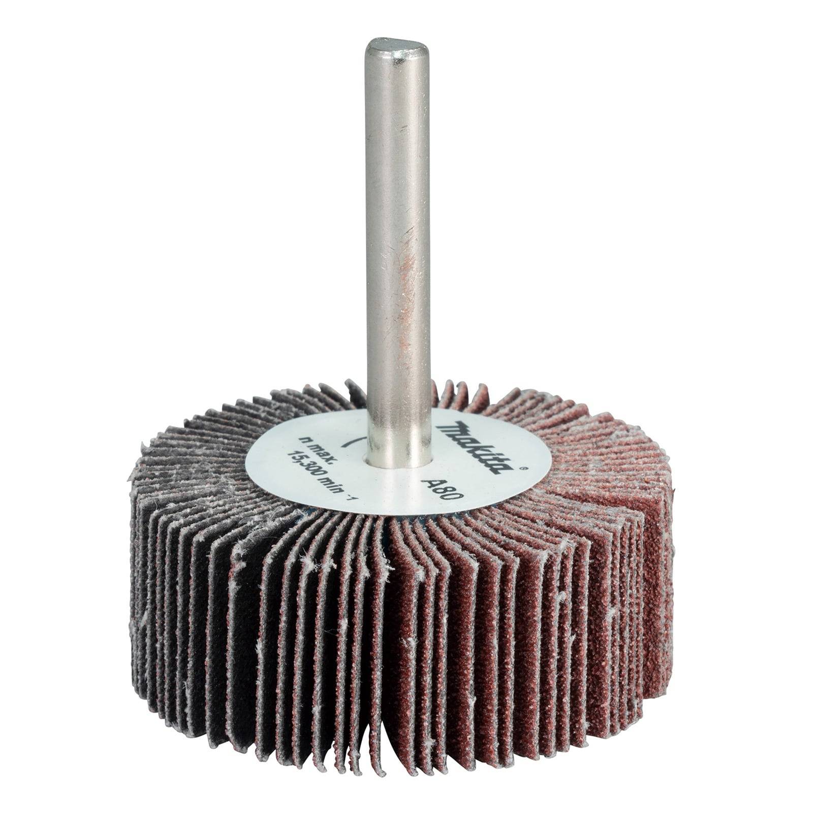 Ein rotierendes Schleifwerkzeug mit geschichteten Schleiflamellen und einer Metallachse, das zum Glätten von Oberflächen in der Holz- oder Metallbearbeitung verwendet wird.