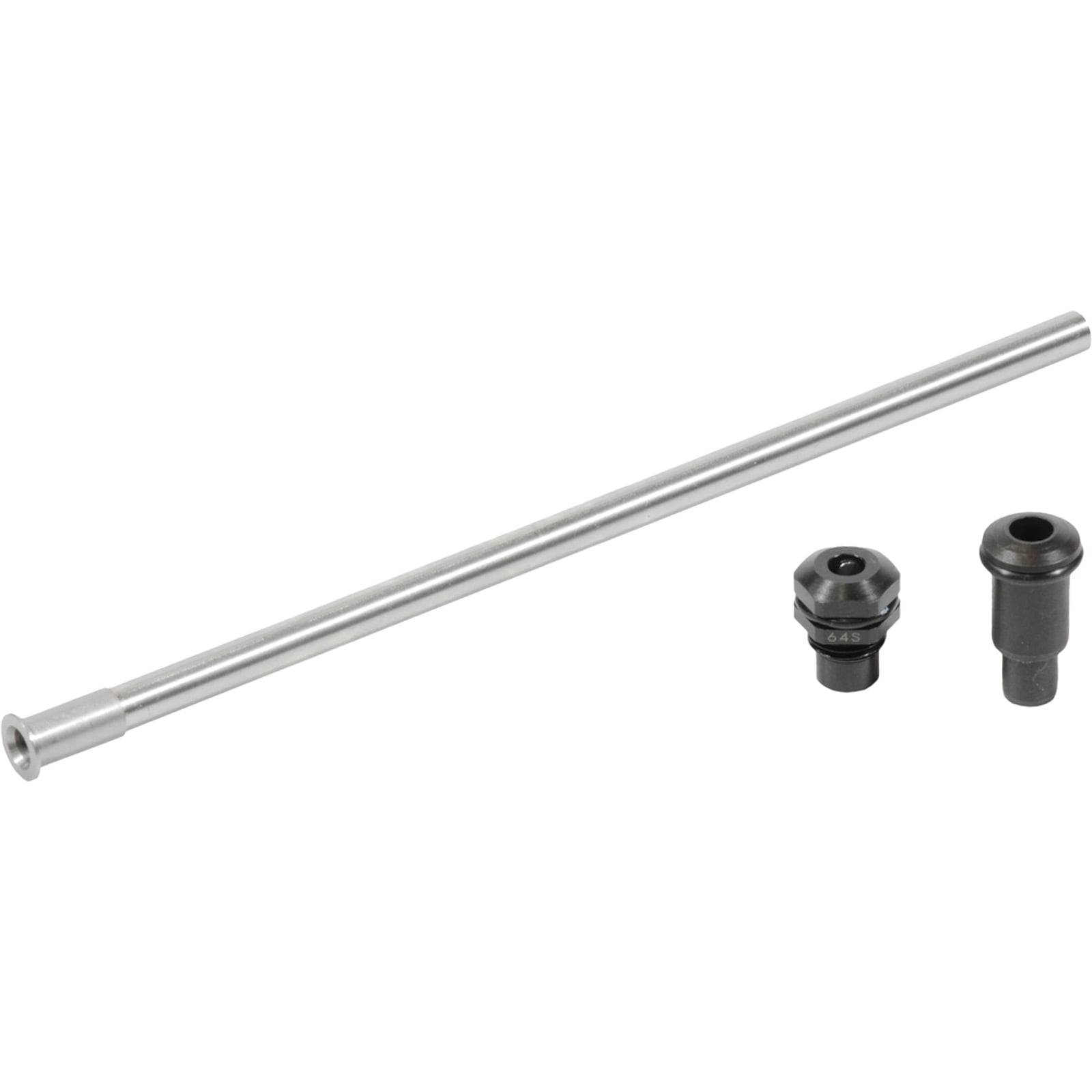 Eine lange silberne Metallstange ist horizontal neben zwei kleinen schwarzen zylindrischen Objekten auf einem weißen Hintergrund positioniert.