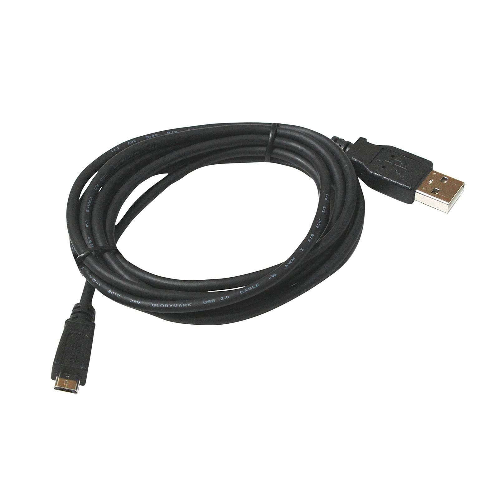 Ein schwarzes USB-Kabel mit einem Standard-USB-A-Stecker an einem Ende und einem Micro-USB-Stecker am anderen Ende, aufgewickelt und auf einer weißen Oberfläche platziert.