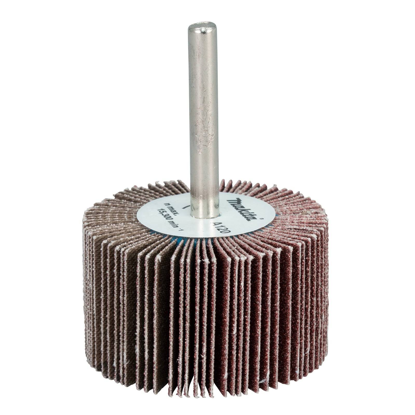 Ein zylindrischer Schleiflamellenfächer mit einer Metallachse, verwendet zum Schleifen und Polieren von Oberflächen.