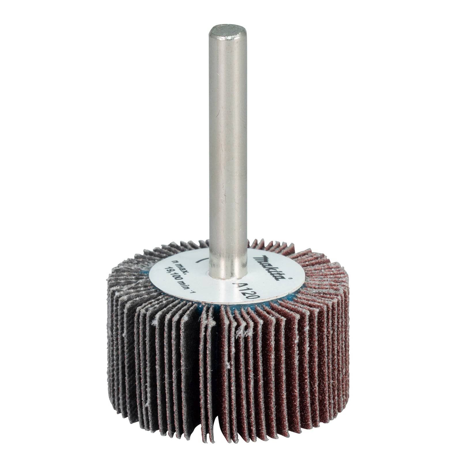 Ein Metallrotationswerkzeug-Aufsatz mit geschichteten Schleiflamellen, verwendet zum Schleifen oder Schuren, mit einer zentralen Metallstange zur Befestigung.