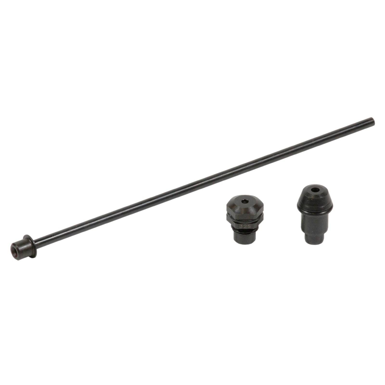 Ein Dreiteile-Werkzeugset umfasst eine lange Stange und zwei auswechselbare schwarze Adapter für unterschiedliche Anwendungen.