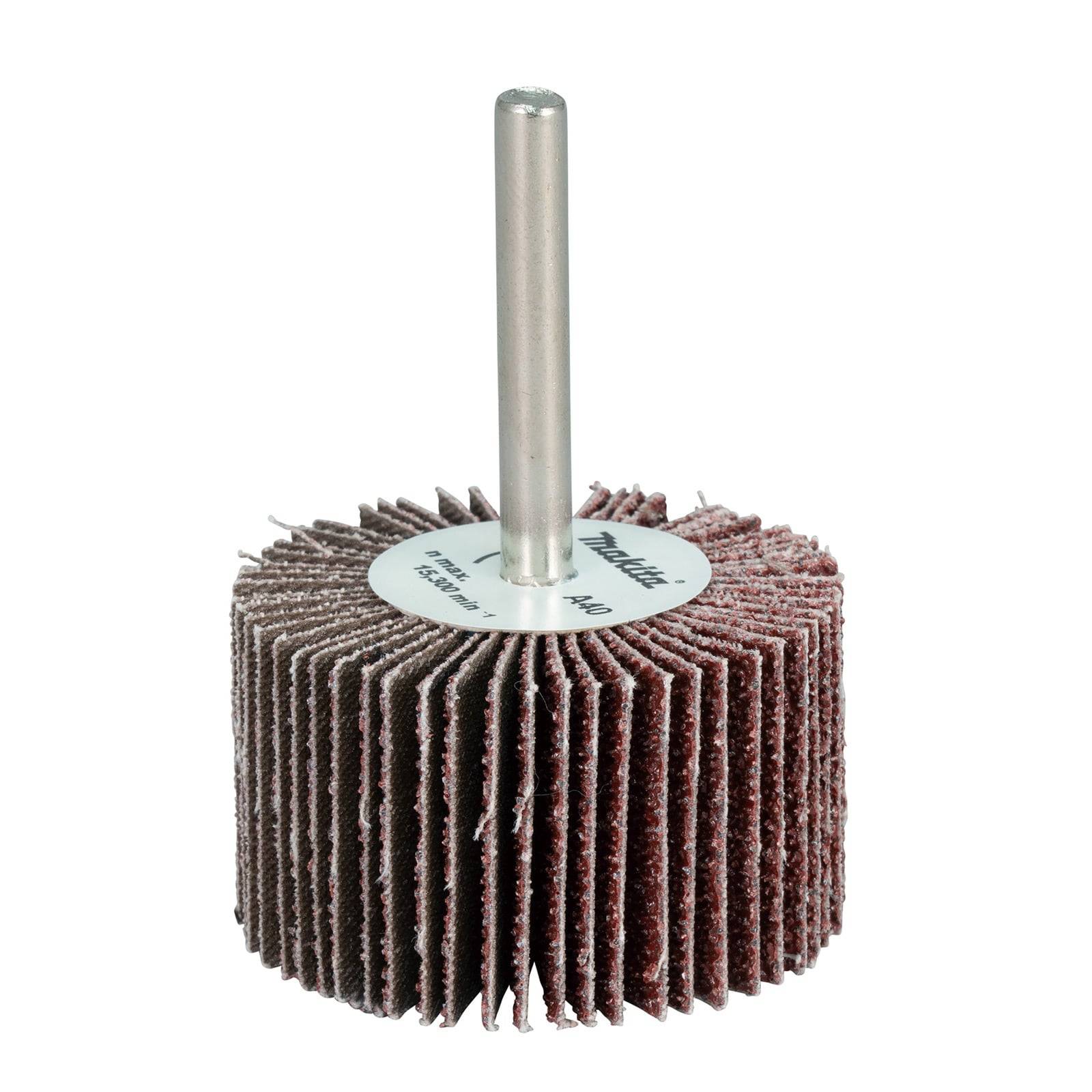 Ein zylindrischer Schleiflamellenfächer mit einem Metallschaft, der für Bohrmaschinen konzipiert ist und zum Polieren oder Glätten von Oberflächen verwendet wird.