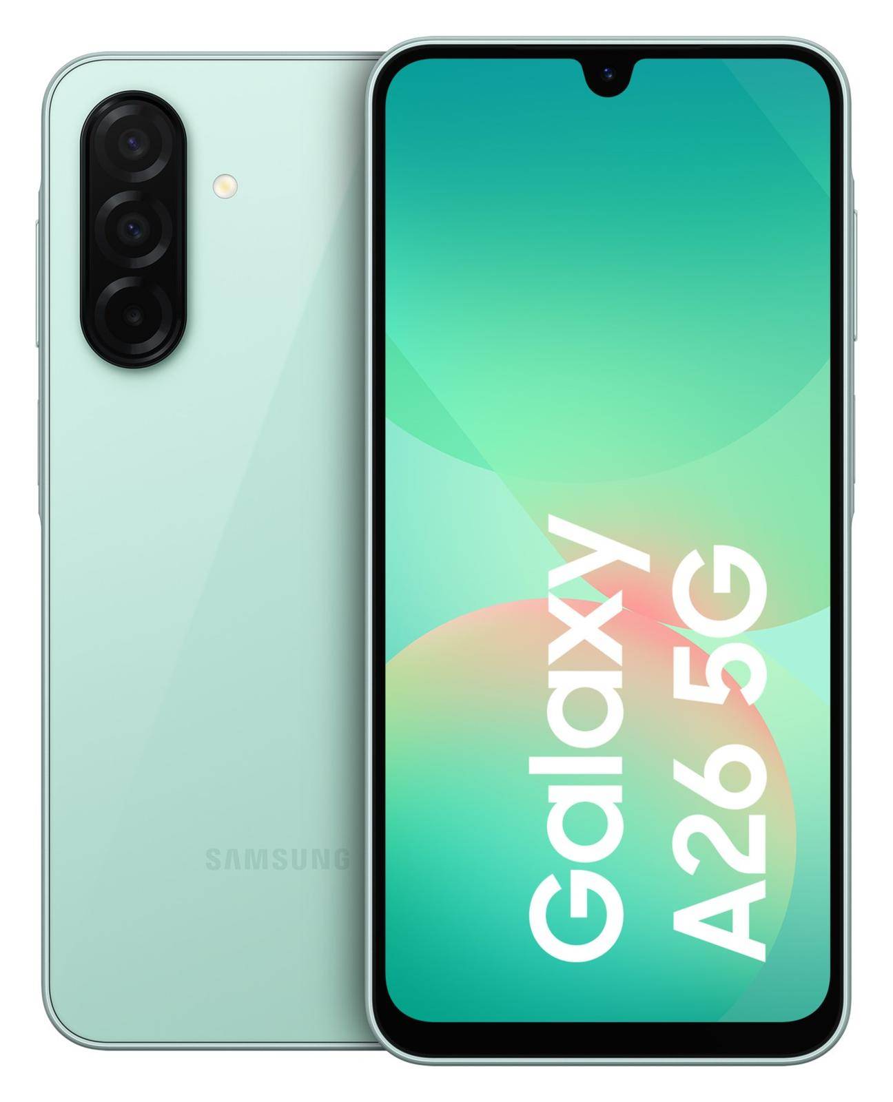 Mintgrünes Samsung Galaxy A26 5G Smartphone von vorne und von hinten gezeigt, mit dreifacher Rückkamera und dem Bildschirm, auf dem „Galaxy A26 5G