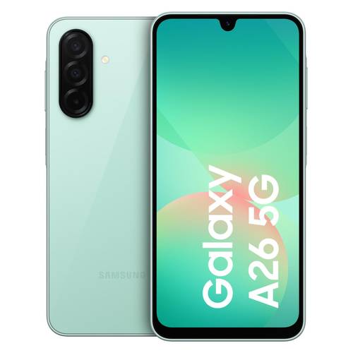 Samsung Galaxy A26 5G Smartphone, dargestellt von vorne und hinten in Minzgrün, mit einer dreifach Rückkamera und dem Bildschirm zeigt "Galaxy A26 5G"".