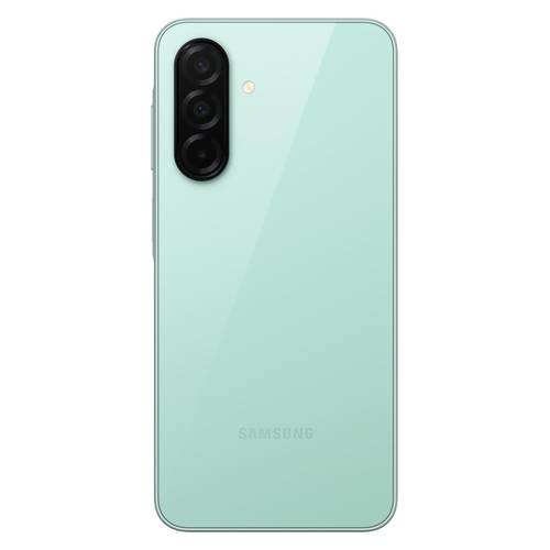 Smartphone in Mintgrün von Samsung, Rückansicht, mit Triple-Kameramodul oben links und kleinem Blitz.