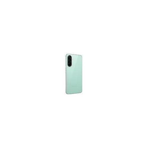 Mintgrünes Smartphone von hinten gezeigt, mit einem vertikalen dreifachen Kameramodul oben links.