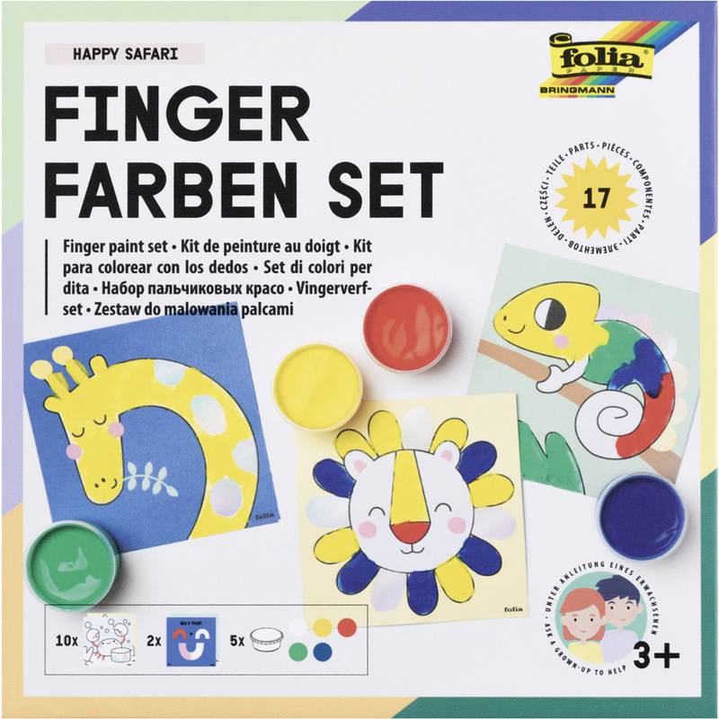 Ein Fingermalset für Kinder ab 3 Jahren, das fünf bunte Tierdesigns und sieben leuchtende Farbdosen umfasst. Perfekt für kreatives Spielen.