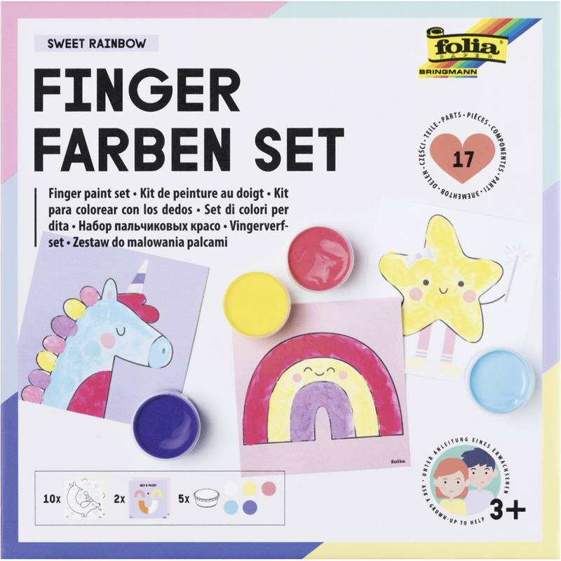 Fingerfarben Set' Verpackung zeigt ein Fingerfarbset mit Bildern eines Einhorns und eines Regenbogens. Enthält Farbdosen und Pads. Für Kinder ab 3 Jahren.
