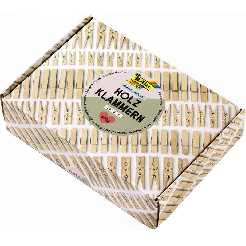 Holzklammern-Schachtel. Auf der Verpackung ist ein Bild von Wäscheklammern zu sehen, mit einem runden Etikett in der Mitte.