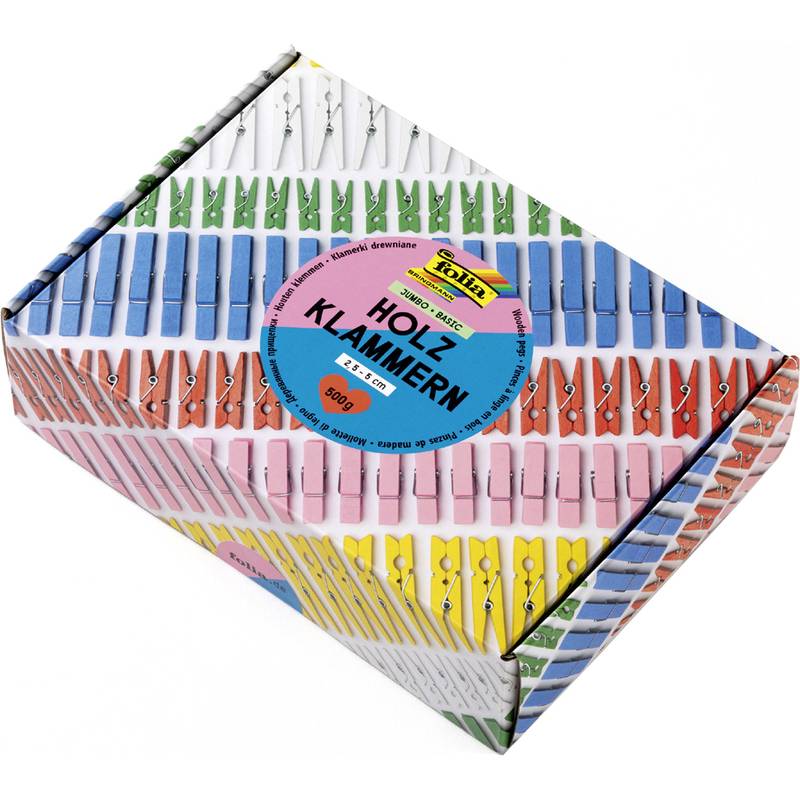 Eine Schachtel mit mehrfarbigen Holzwäscheklammern, mit der Aufschrift 'Holz Klammern', die blaue, rosa, rote, naturbelassene und grüne Klammern auf der Verpackung angeordnet zeigt.