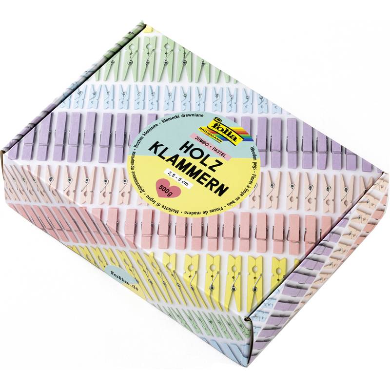Eine Schachtel mit bunten Holzwäscheklammern mit der Aufschrift 'Holz Klammern', die 50 Stück von Folia umfasst.