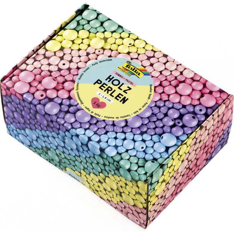 Eine bunte Schachtel mit Holzperlen, mit dem Etikett 'Holz Perlen', die verschiedene Pastellfarben enthält, darunter rosa, blau, gelb und lila Perlen.